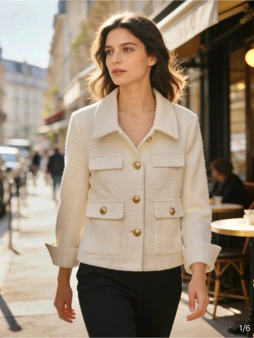Dolce Cabo Cream Tweed Gold Button Cropped Jacket Blazer size Small